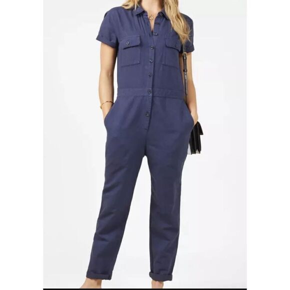 Outerknown SEA Suit Navy Jumpsuit Long Sleeve Button‎ Linen Blend Coveralls XS - Picture 1 of 13
